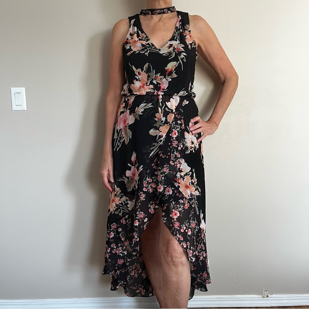 Floral Black Sleeveless High-low Dress